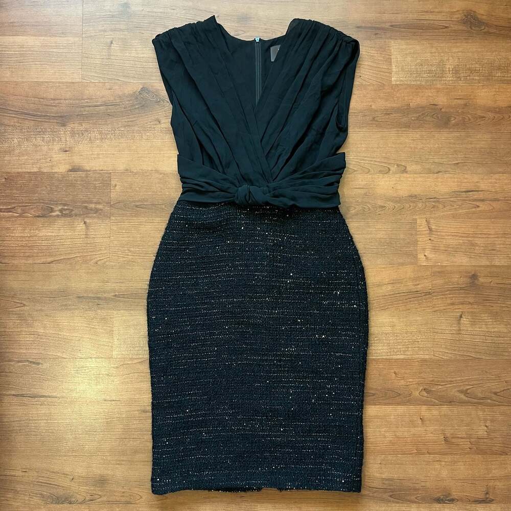 Max Mara Pianoforte Black Draped Silk and Wool Tweed Cocktail Dress Size 6